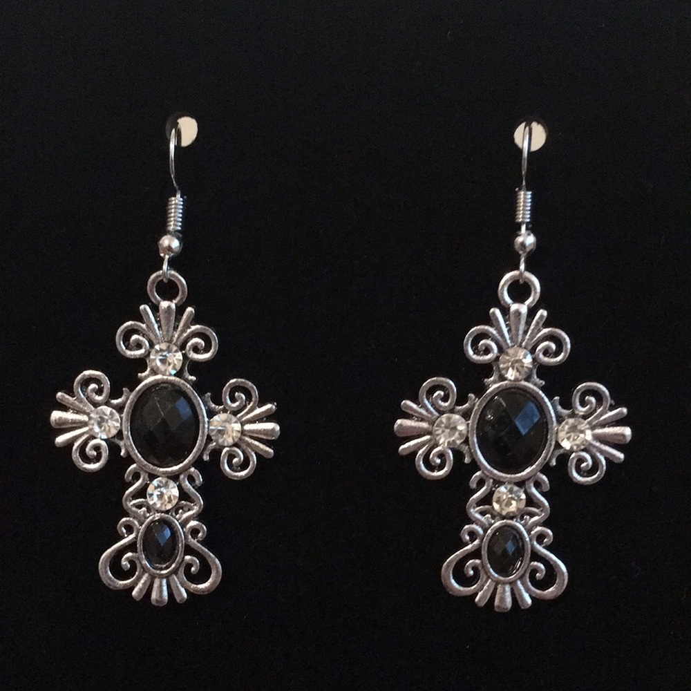Rhinestone Cross Earrings - Black